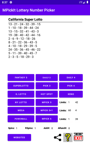 Use SuperLotto to pick California SuperLotto Plus Lottery numbers. Picks 5 numbers from 1-47 and 1 number from 1-27.