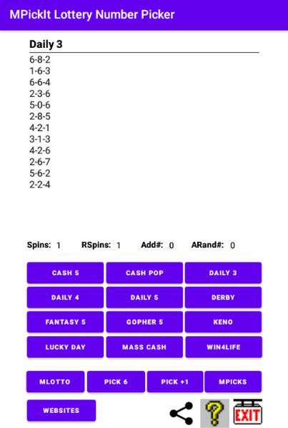 Use Daily 3 to pick Cash 3, Daily 3 or Pick 3 Lottery numbers. Works with any Pick 3 Lottery that picks 3 numbers from 0 to 9.