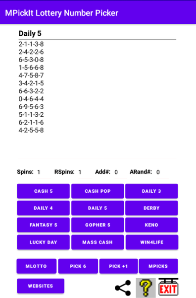 Use Daily 5 to pick Cash 5, Daily 5, Pick 5, Georgia 5 Lottery or Pennsylvania Pick 5 numbers. Works with any Picks 5 Lottery that 5 picks numbers from 0 to 9.