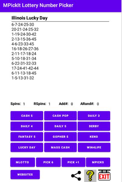 Use Lucky Day to pick Illinois Lucky Day Lotto Lottery numbers. Pick 5 numbers between 1 and 45.