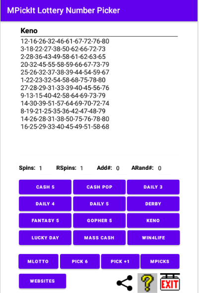 Use Keno to pick Keno Lottery numbers. Use Keno to pick California Hot Spot Lottery numbers. Works with any Picks 10 that picks 10 numbers from 1 to 80.