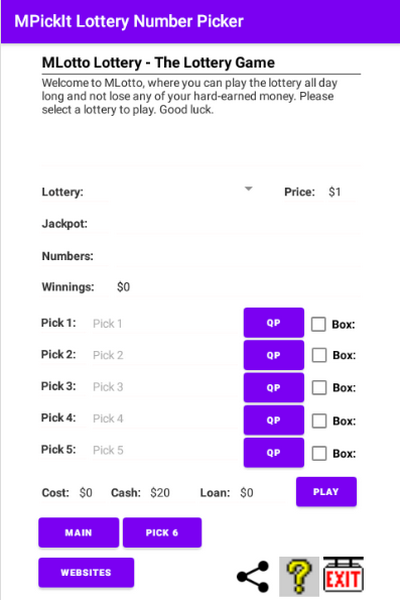 MLotto play the lottery free. The lotteries and options available depend on the version.