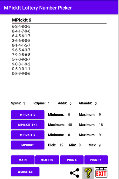 Use MPickIt 6 to pick MPickIt Pick 6 lottery numbers. You can pick 6 lottery numbers from 0 to 9 or 5 number from 1 to 99.