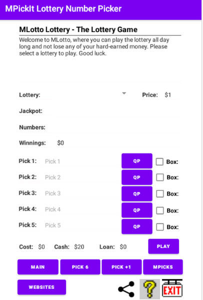 MLotto Lottery - The Free Lottery Game MLotto play the lottery free. The lotteries and options available depend on the version.
