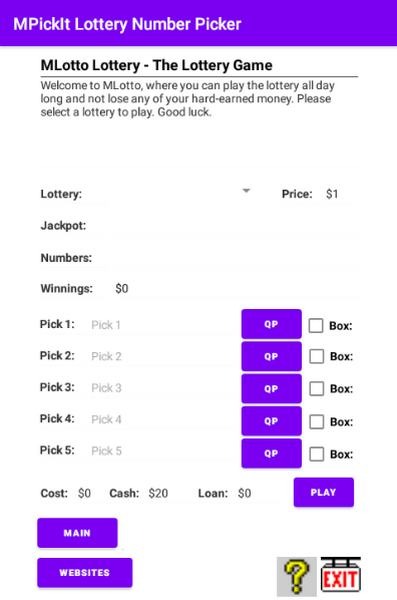 MLotto play the lottery free. The lotteries and options available depend on the version.
