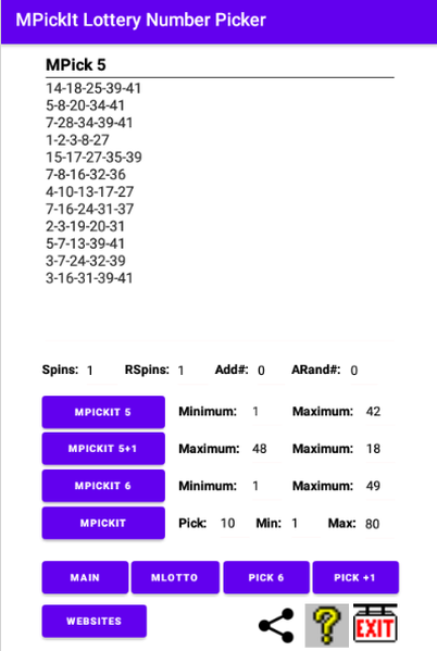 Use MPickIt 5 to pick MPickIt Pick 5 lottery numbers. You can pick 5 lottery numbers from 0-9 or 5 number from 1-99.