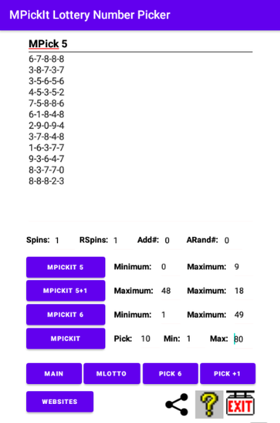 Use MPickIt 5 to pick MPickIt Pick 5 lottery numbers. You can pick 5 numbers from 0-9 or 5 number from 1-99.