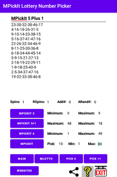 MPickIt 5 + 1 to pick MPickIt Pick 5 Plus 1 Lottery numbers. Picks 5 numbers from 1-99 and 1 number from 1-99.