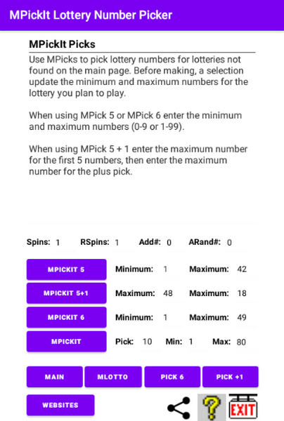 MPickIt Picks Use MPicks to pick lottery numbers for lotteries not listed. The lotteries and options available depend on the version.