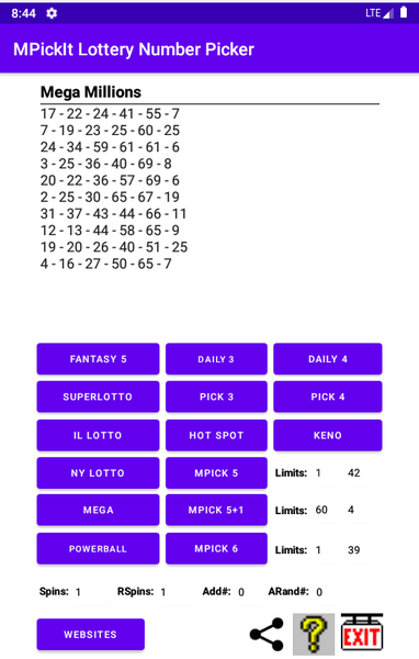 Mega to pick Mega Millions Lottery numbers. Picks 5 numbers from 1-70 and 1 number from 1-25.