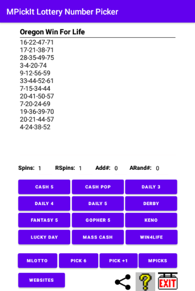 Use Win4Life to pick Oregon Win For Life Lottery numbers. Picks 4 numbers between 1 and 77.