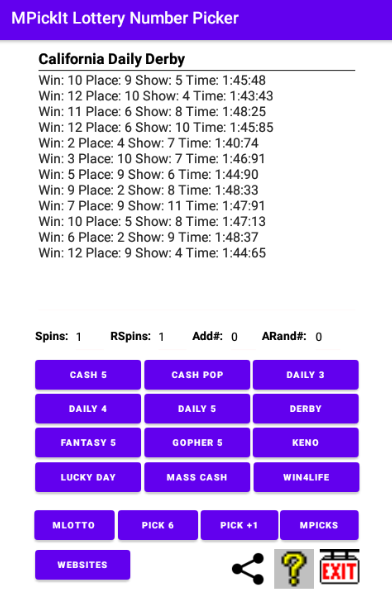 Use Derby to pick California Daily Derby Lottery numbers. Picks 3 horses from 1 to 12 and race time.