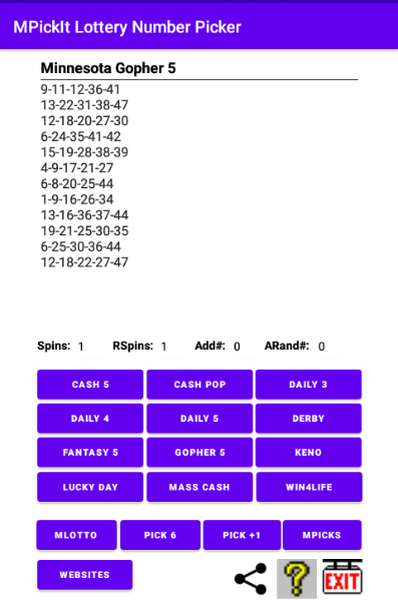 Use Gopher 5 to pick Minnesota Gopher 5 Lottery numbers. Picks 5 numbers from 1 to 47.