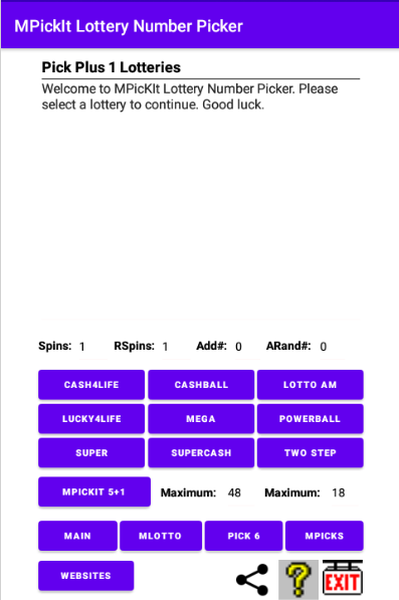 Use Pick +1 to pick lotteries numbers for lotteries that pick 5 plus 1 or pick 4 plus 1.